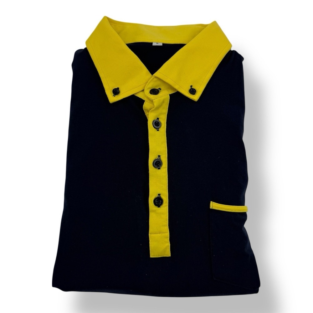 State & Liberty Blue Yellow Cotton Spandex Stretch‎ Polo Shirt Men's Size Large